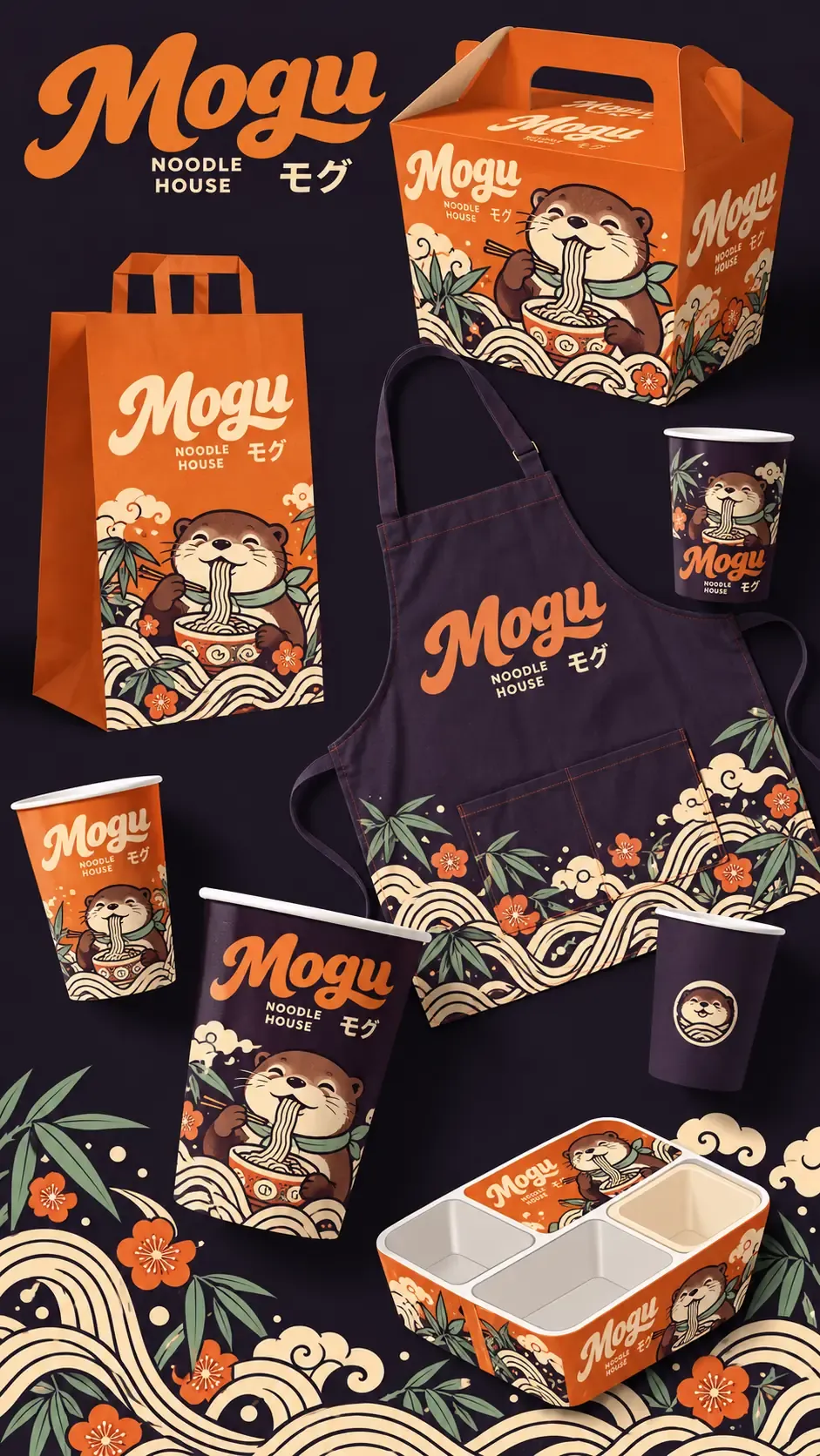 Diseño de branding y packaging para Mogu Noodle House | Prompts para la generación de imágenes por IA