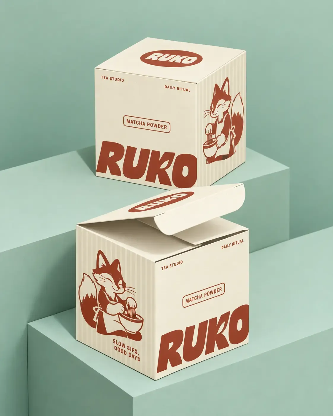 Diseño de envase para caja de polvo de matcha Ruko | Prompts para generación de imágenes por IA