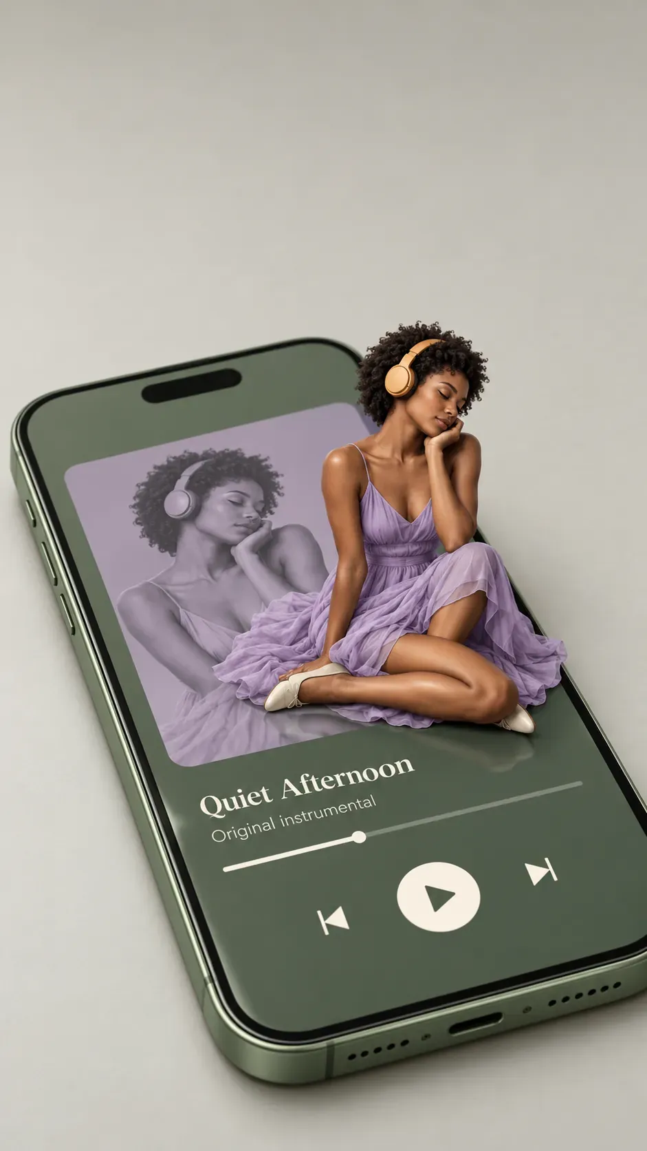 Mujer sentada sobre un teléfono inteligente gigante, escuchando música | Prompts para la generación de imágenes por IA
