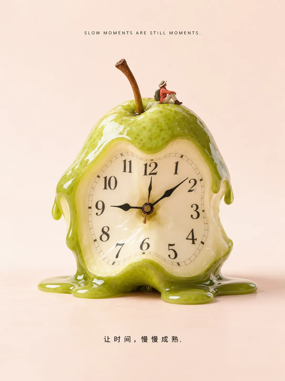 Reloj de manzana verde fundente y surrealista con una figura diminuta｜Prompts para la generación de imágenes por IA