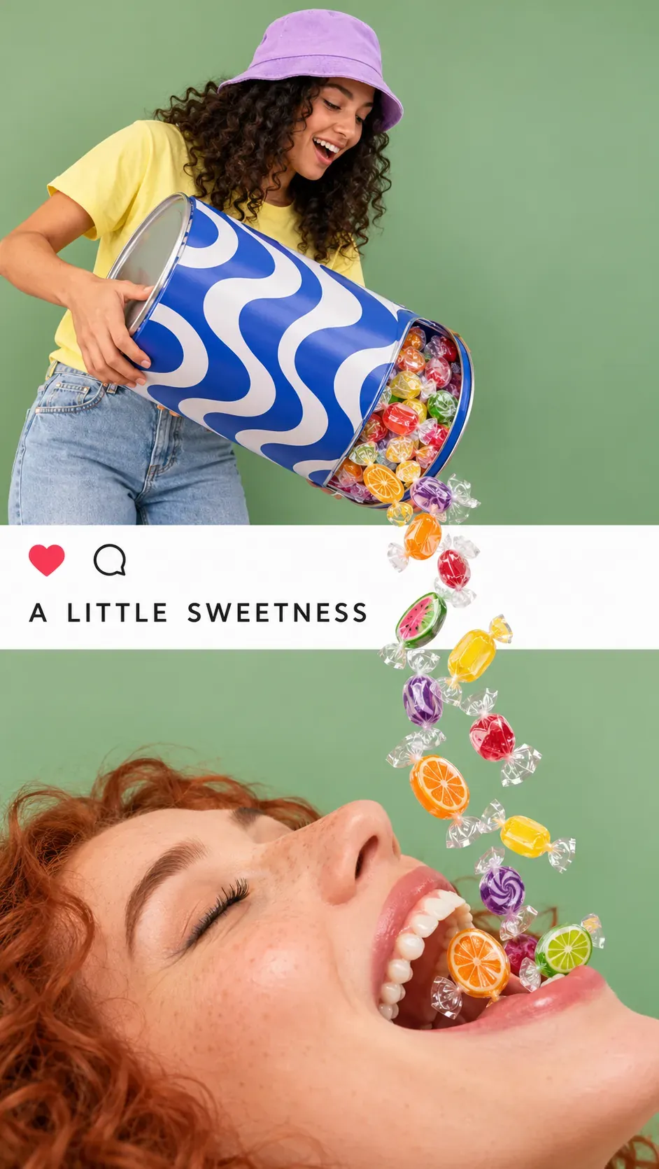 Mujer vertiendo dulces de colores en la boca de otra mujer | Sugerencias para la generación de imágenes por IA