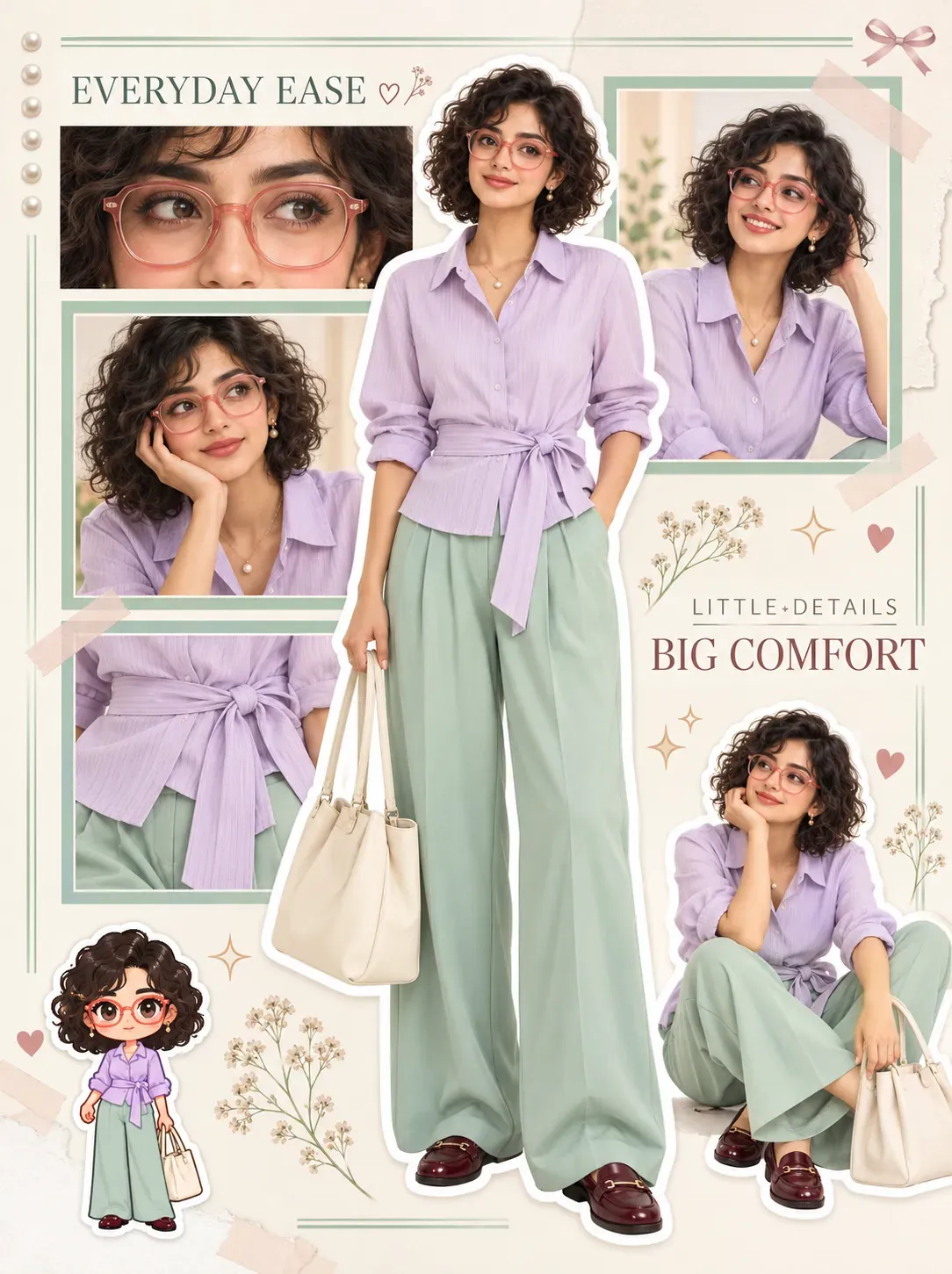 Mujer con camisa púrpura y pantalones verdes, estilo casual | Prompts para generación de imágenes por IA