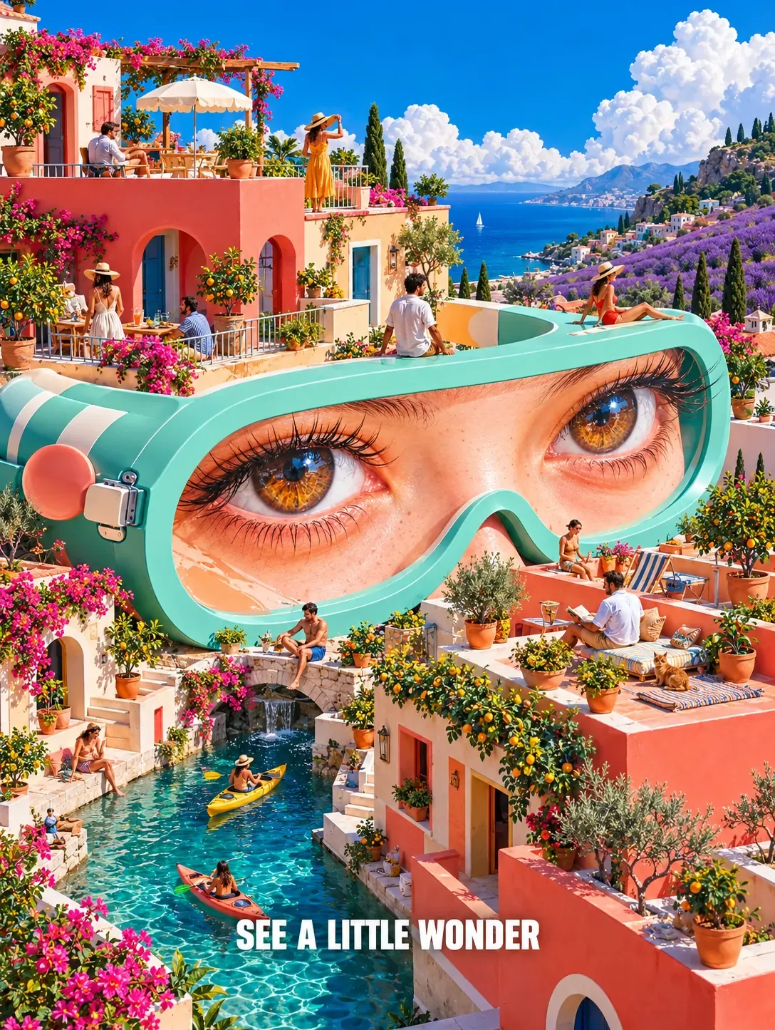 Gafas gigantes surrealistas con ojos sobre una aldea colorida | Prompts para la generación de imágenes por IA