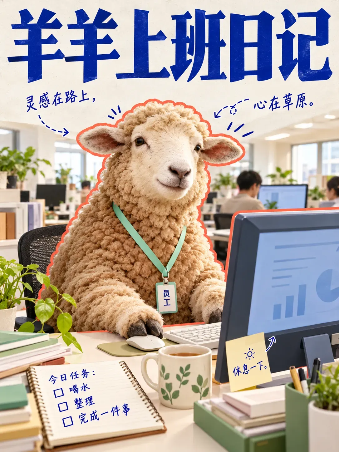 Oveja adorable trabajando en un escritorio de oficina | Prompts para la generación de imágenes por IA