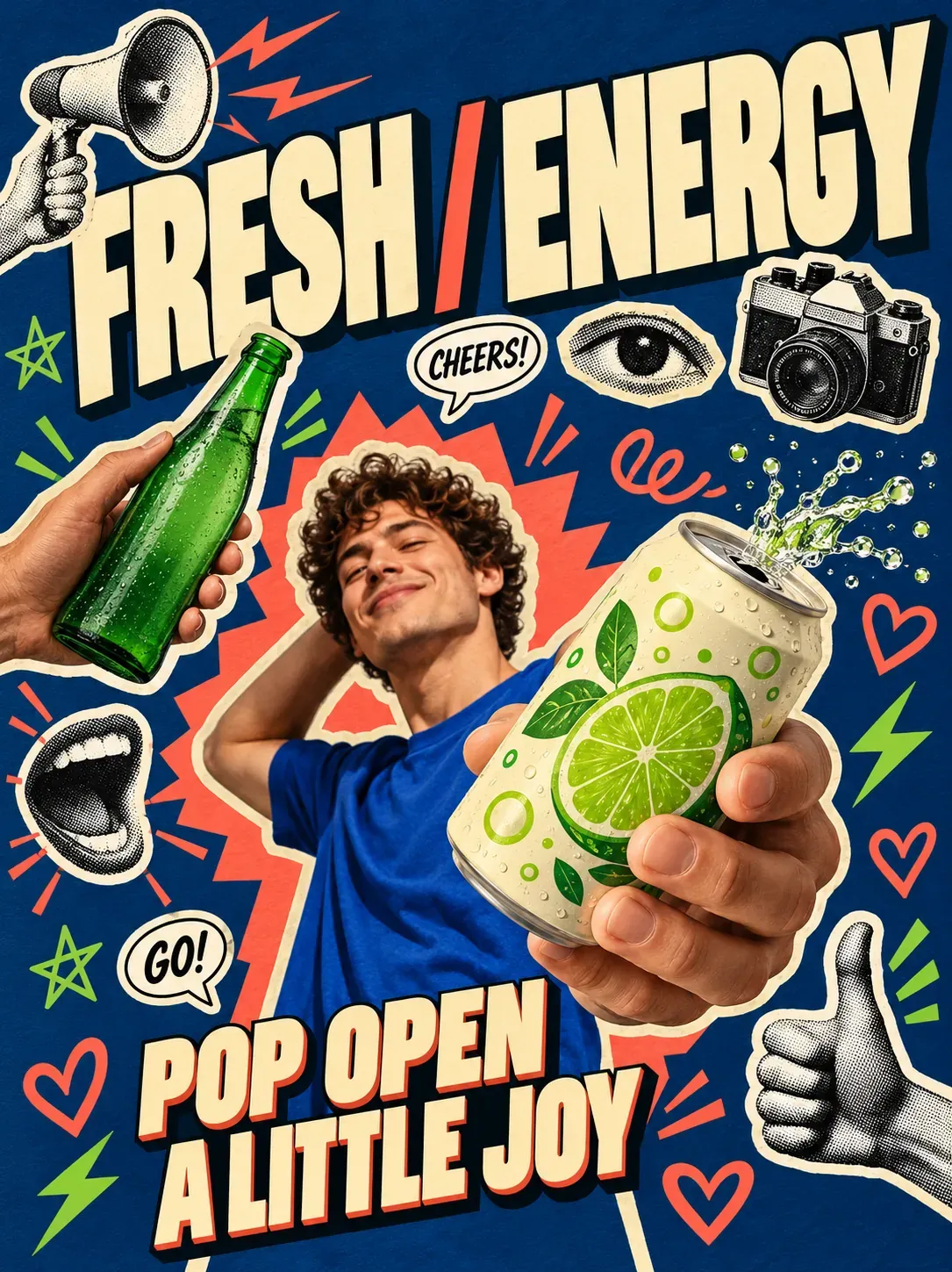 Póster de collage artístico de refresco de lima con energía fresca | Prompts para generación de imágenes por IA