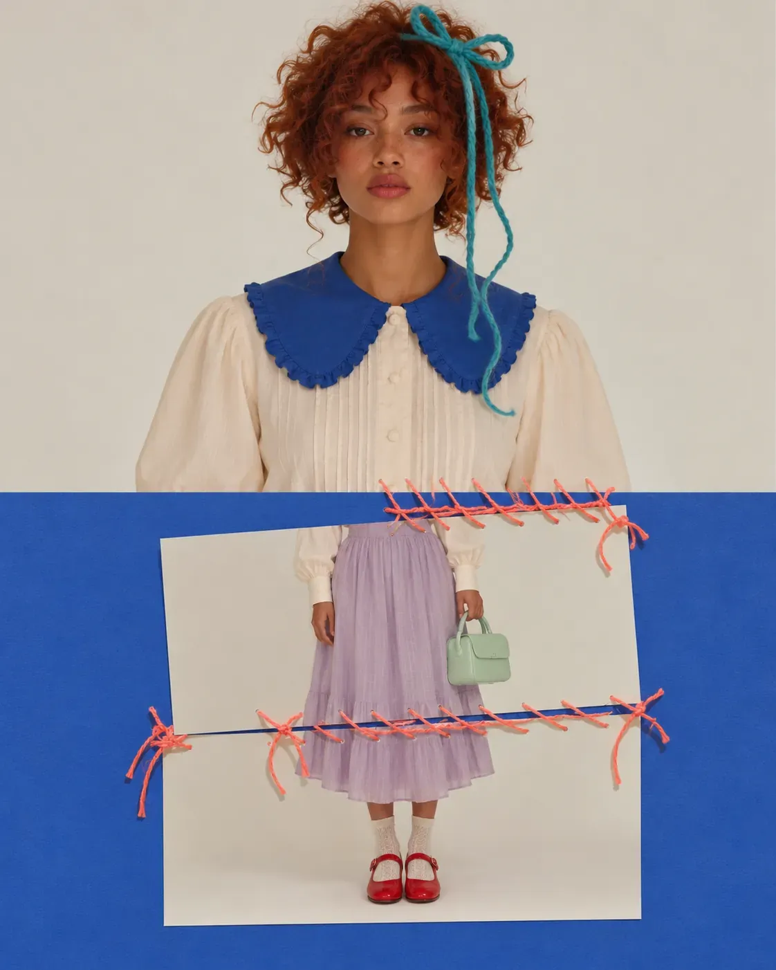 Mujer con blusa blanca de cuello azul y falda lavanda | Prompts para la generación de imágenes por IA