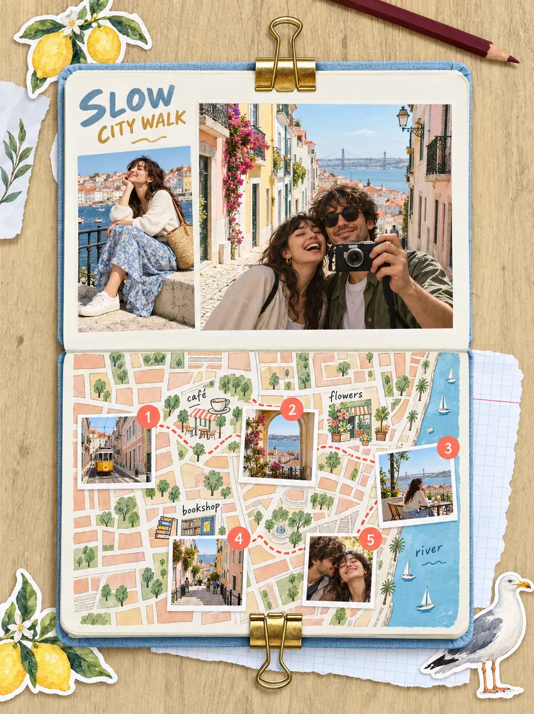Diario de viaje de paseo por la ciudad tranquila con mapa | Prompts para la generación de imágenes por IA