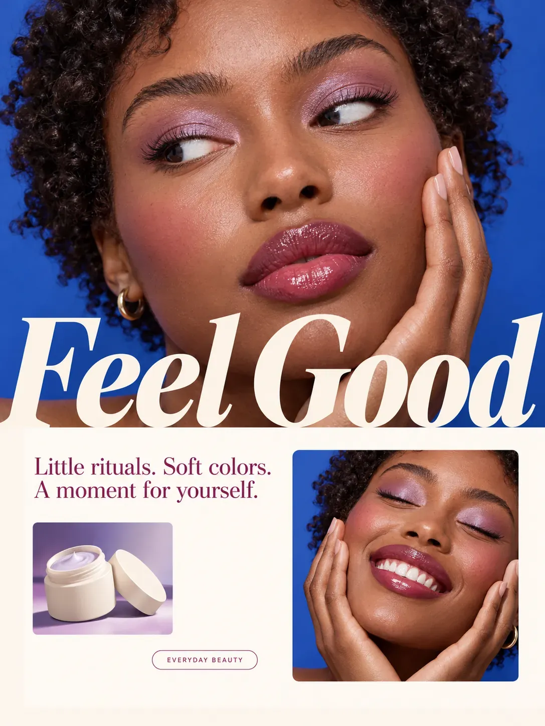 Anuncio de belleza Feel Good con maquillaje púrpura y crema | Prompts para generación de imágenes por IA