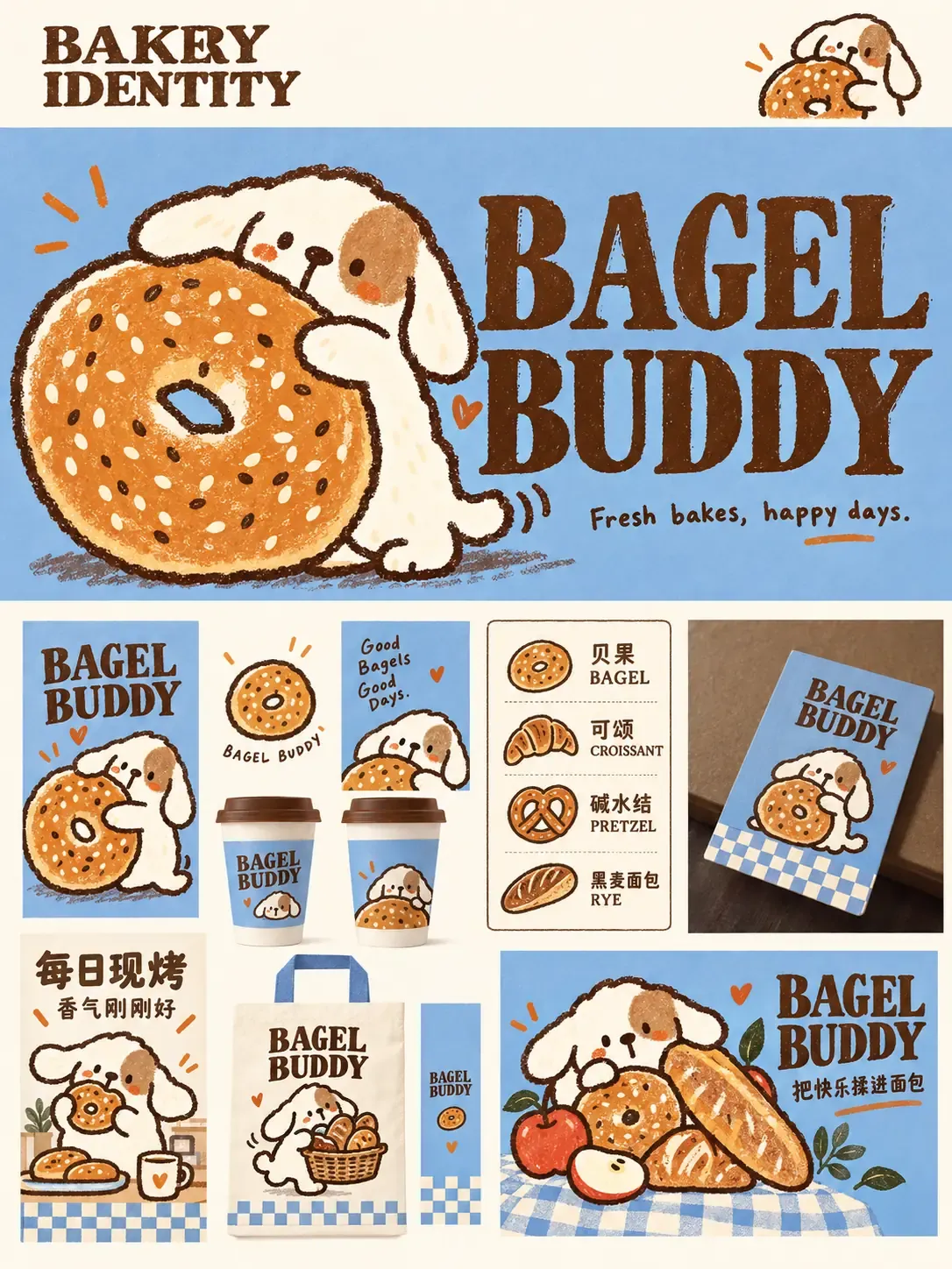 Bagel Buddy Bakery Brand Identity with Cute Dog Mascot｜AI Image Generation Prompts