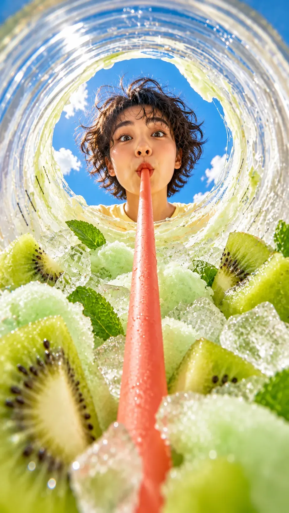 Vista desde el interior de un vaso de una mujer bebiendo un batido de kiwi｜Prompts para la generación de imágenes por IA