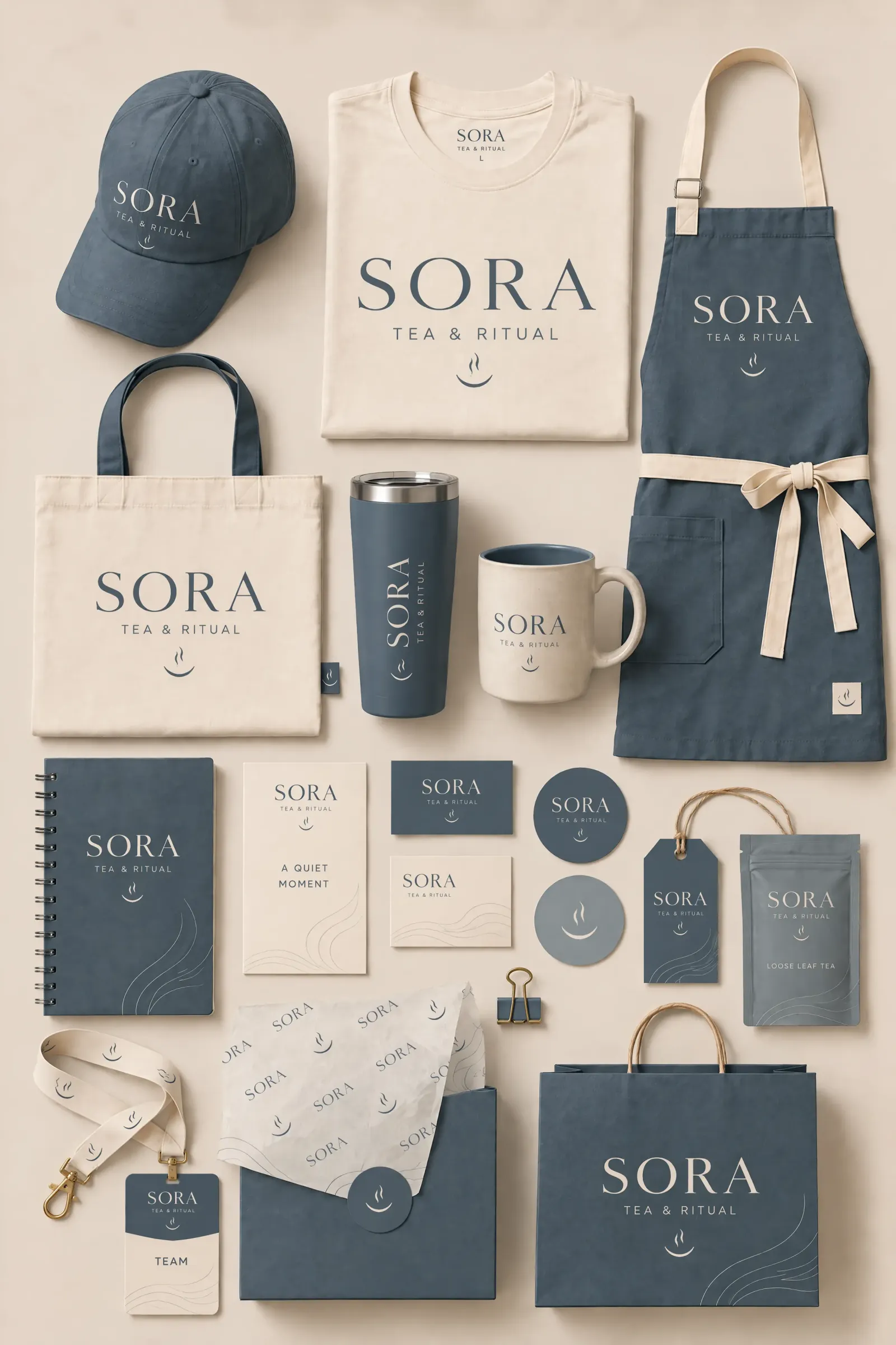 Conjunto de maquetas de identidad de marca para Sora Tea & Ritual | Prompts para la generación de imágenes por IA