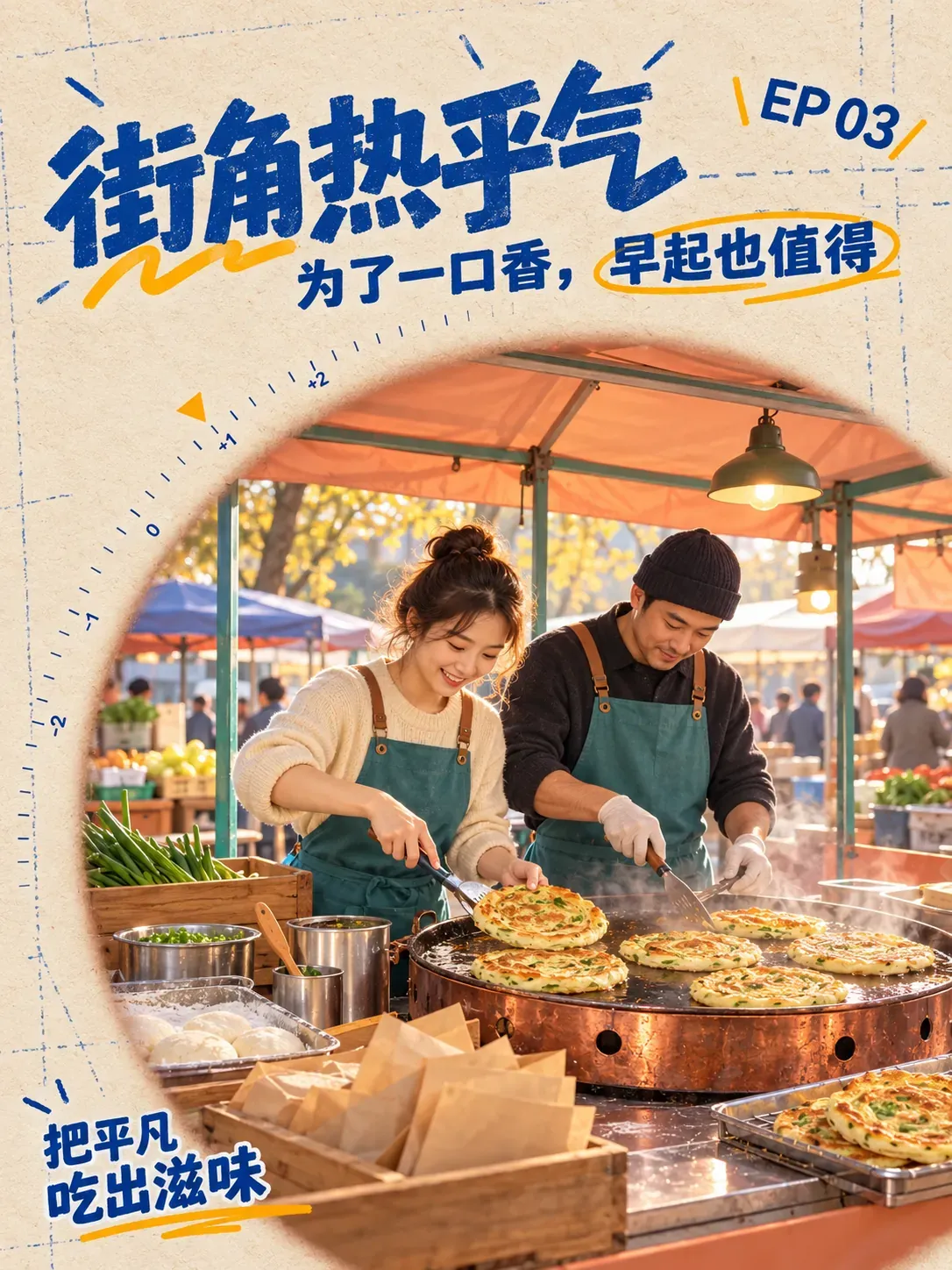 Pareja cocinando panqueques de cebolleta en un puesto de comida callejera | Prompts para la generación de imágenes por IA