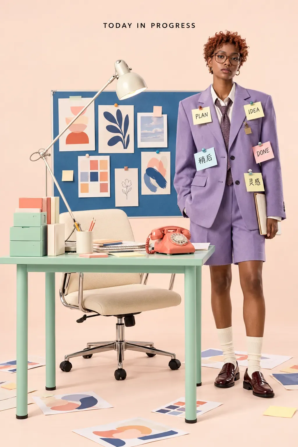 Mujer con estilo, vestida con un traje púrpura, frente a un escritorio en un espacio de trabajo creativo | Prompts para la generación de imágenes por IA