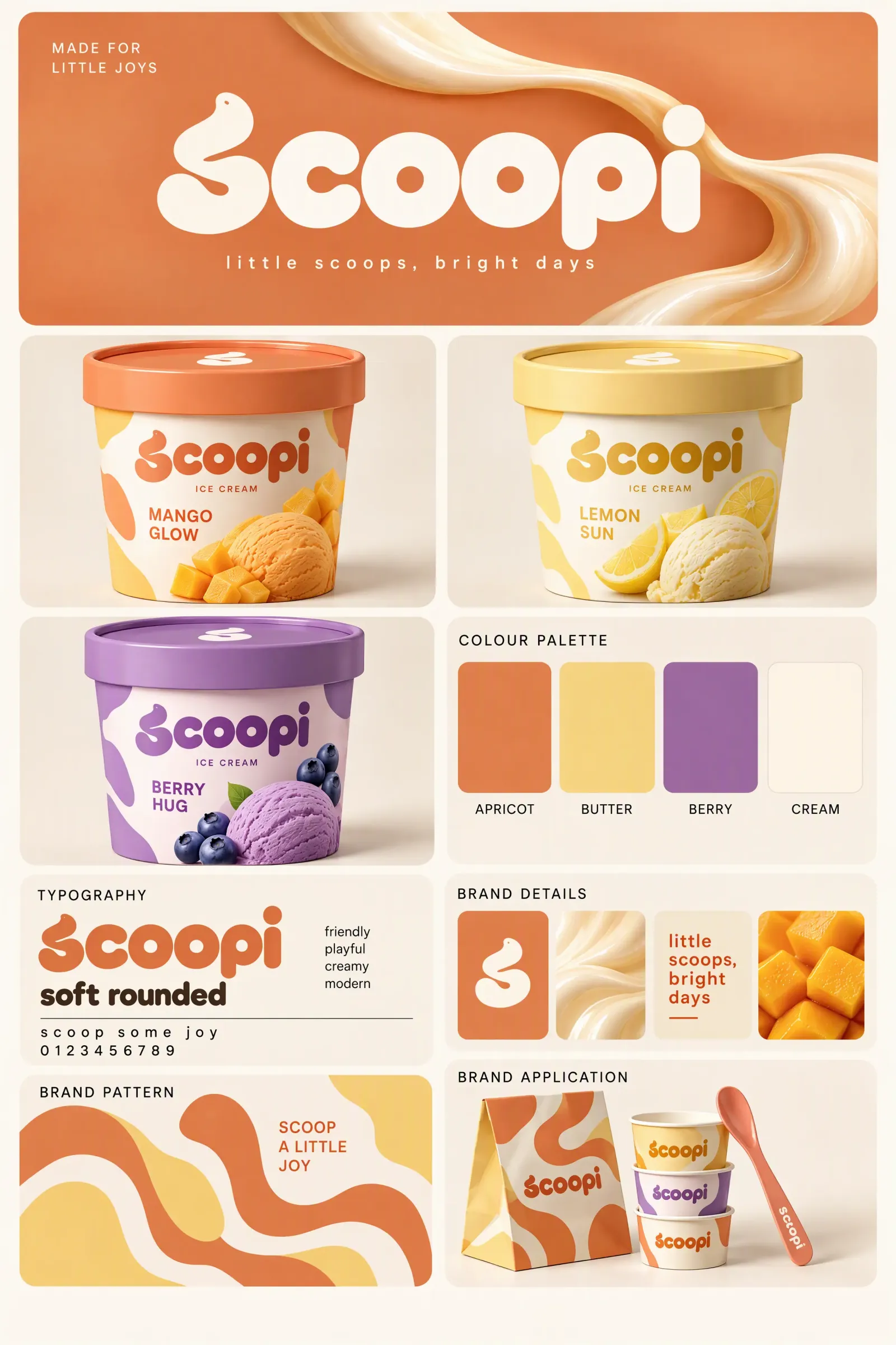 Identidad de marca y envases de Scoopi Ice Cream | Prompts para la generación de imágenes por IA