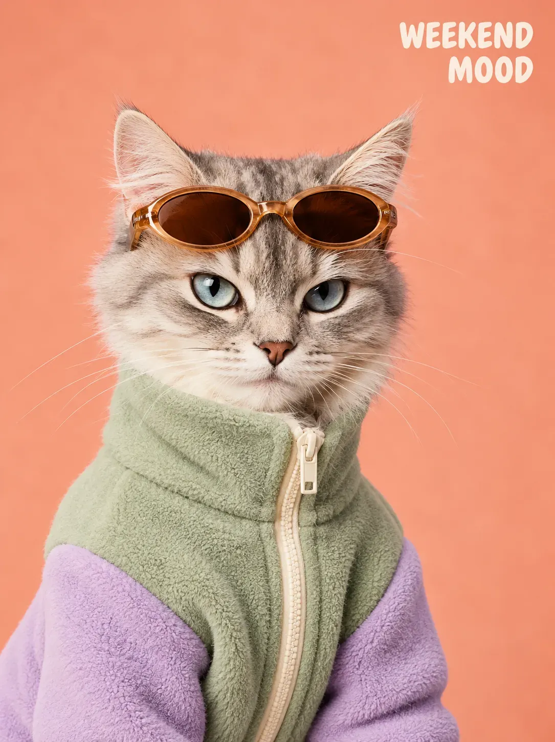 Gato genial con gafas de sol y chaqueta de forro polar | Prompts para la generación de imágenes por IA