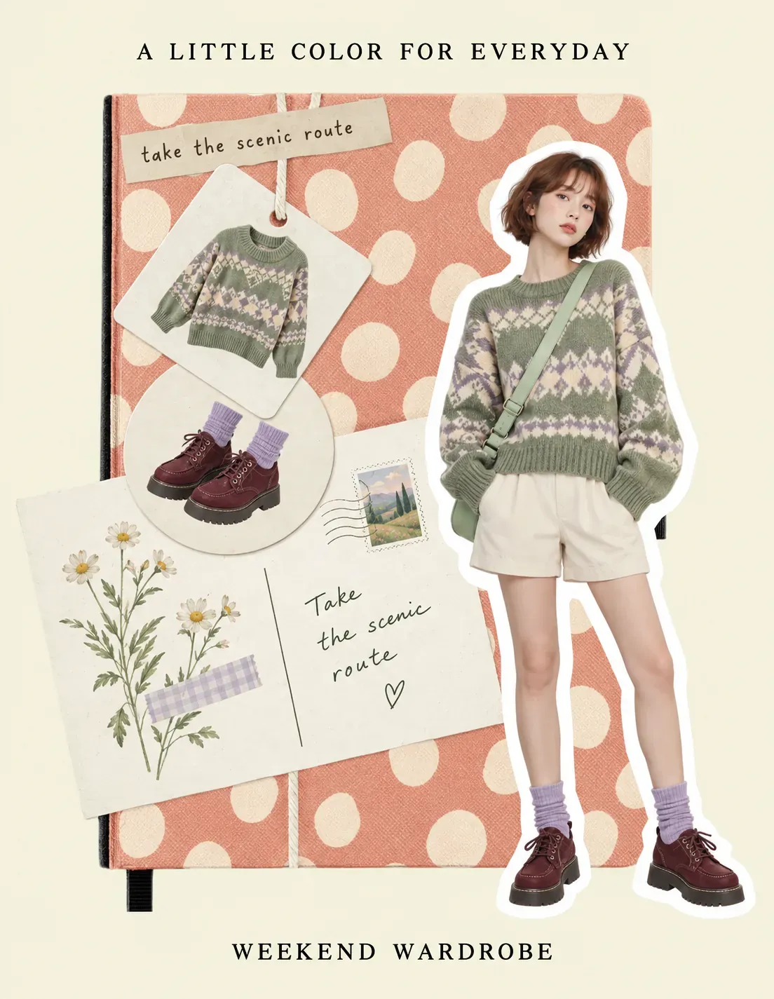 Mujer vestida con un suéter verde estampado y shorts｜Prompts para la generación de imágenes por IA