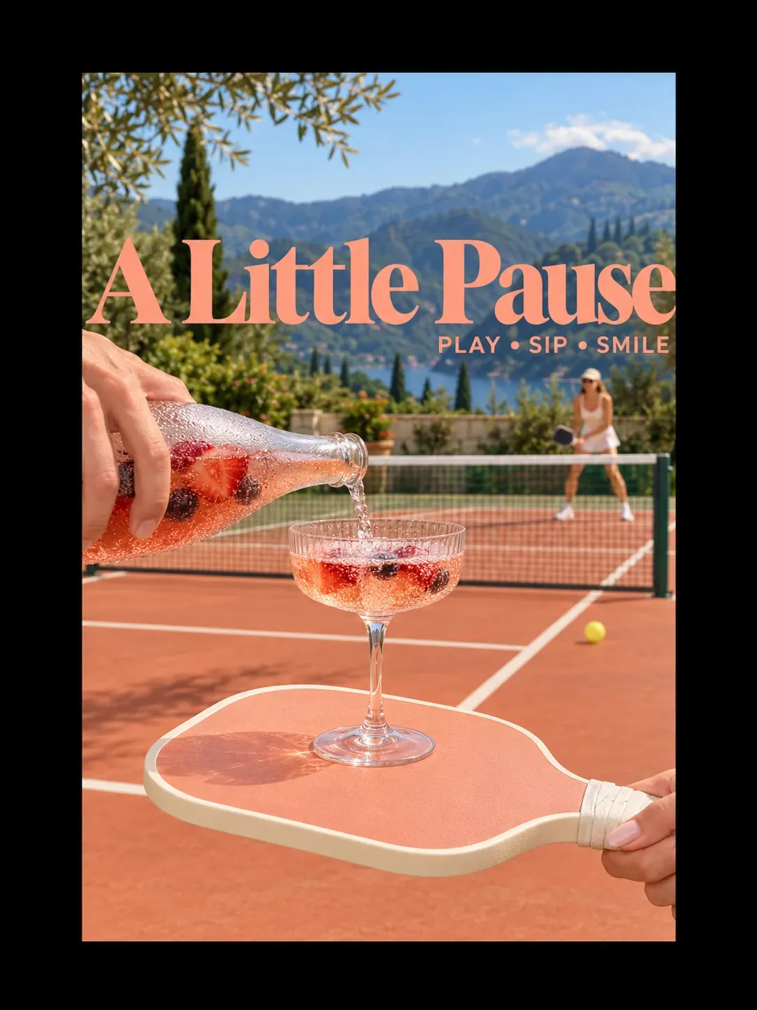 Vertiendo una bebida de bayas en un vaso sobre una pala de pickleball｜Prompts para la generación de imágenes por IA