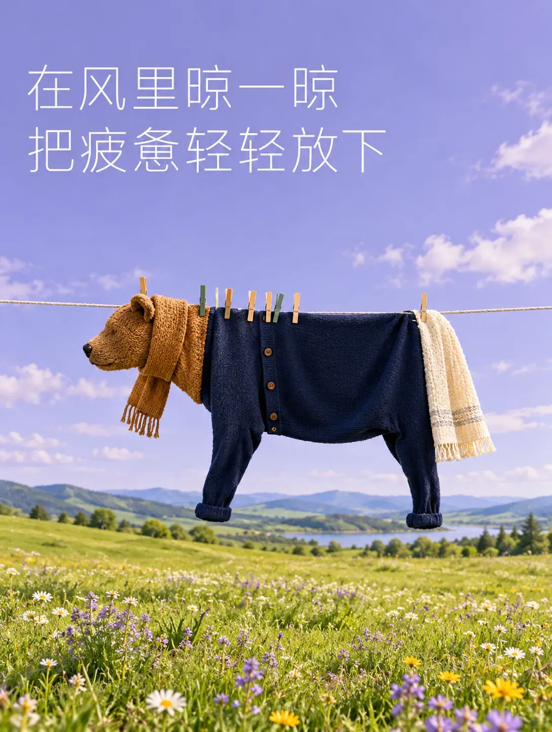 Suéter de oso tejido colgado en una cuerda para tender ropa en un prado｜Prompts para la generación de imágenes por IA