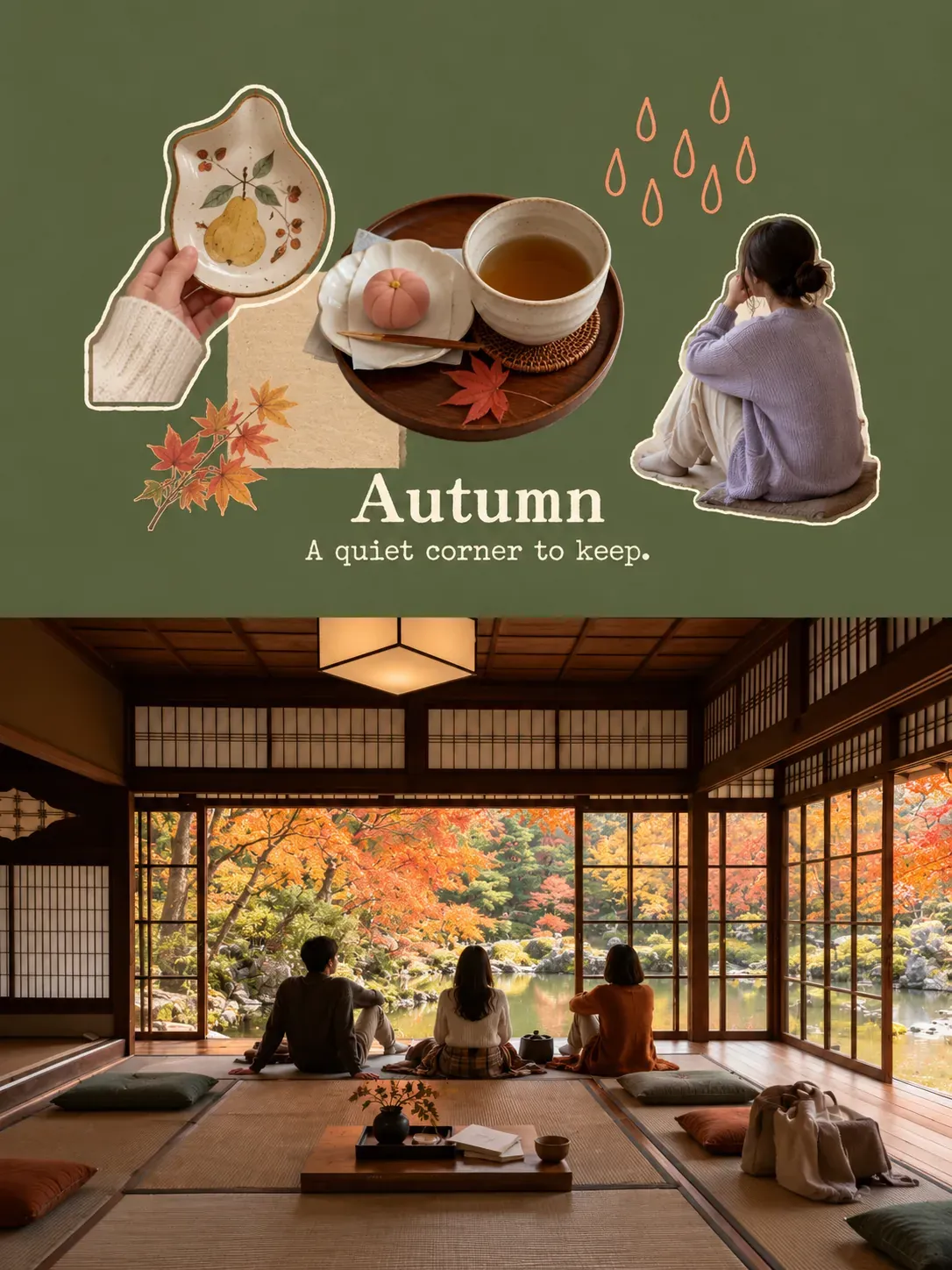 Collage de una habitación japonesa en otoño con vista al jardín y un juego de té | Prompts para la generación de imágenes por IA