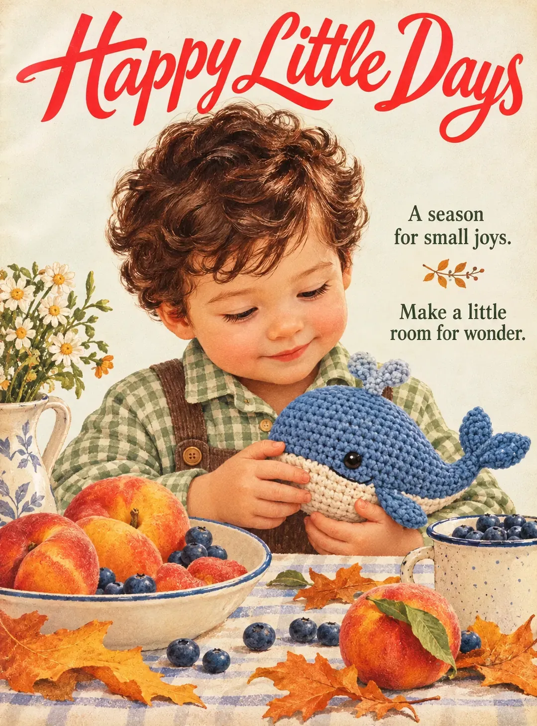 Ilustración vintage de un niño sosteniendo una ballena de ganchillo | Prompts para la generación de imágenes por IA