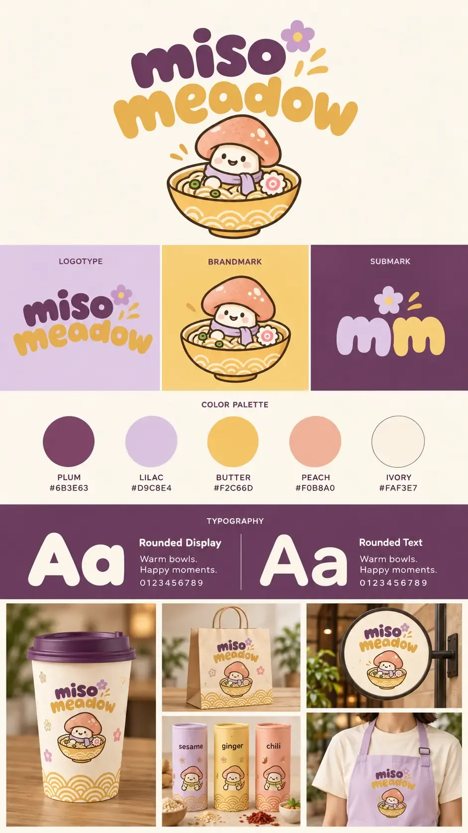 Markenidentität und Logo-Design-Kit für Miso Meadow | AI-Bildgenerierungs‑Prompts