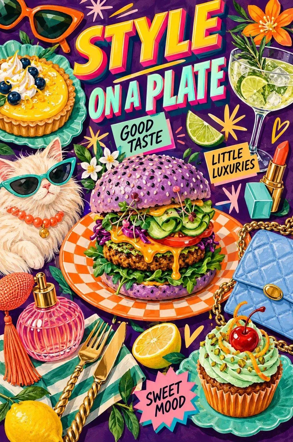 Estilo en un plato: Hamburguesa morada y arte de moda | Prompts para la generación de imágenes por IA