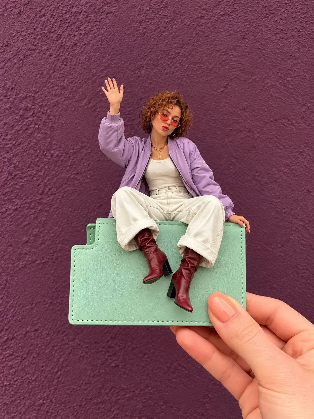 Mujer diminuta sentada sobre una carpeta verde menta sostenida por una mano｜Consejos para la generación de imágenes por IA
