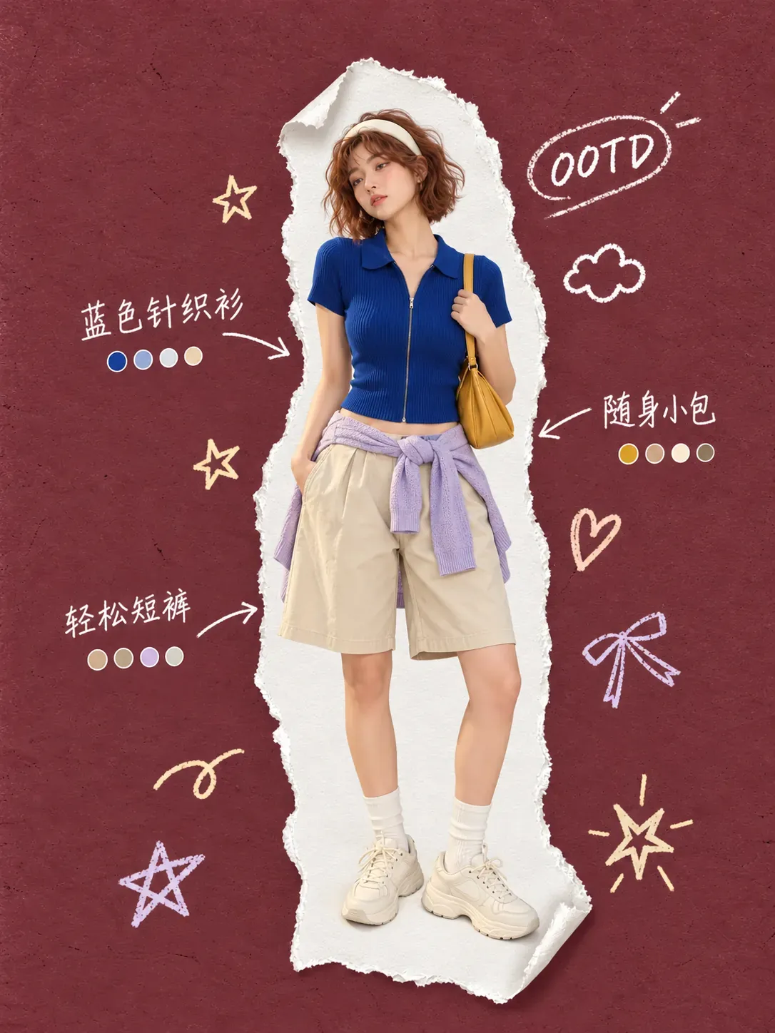Look casual del día con top de punto azul y shorts beige | Prompts para generación de imágenes por IA