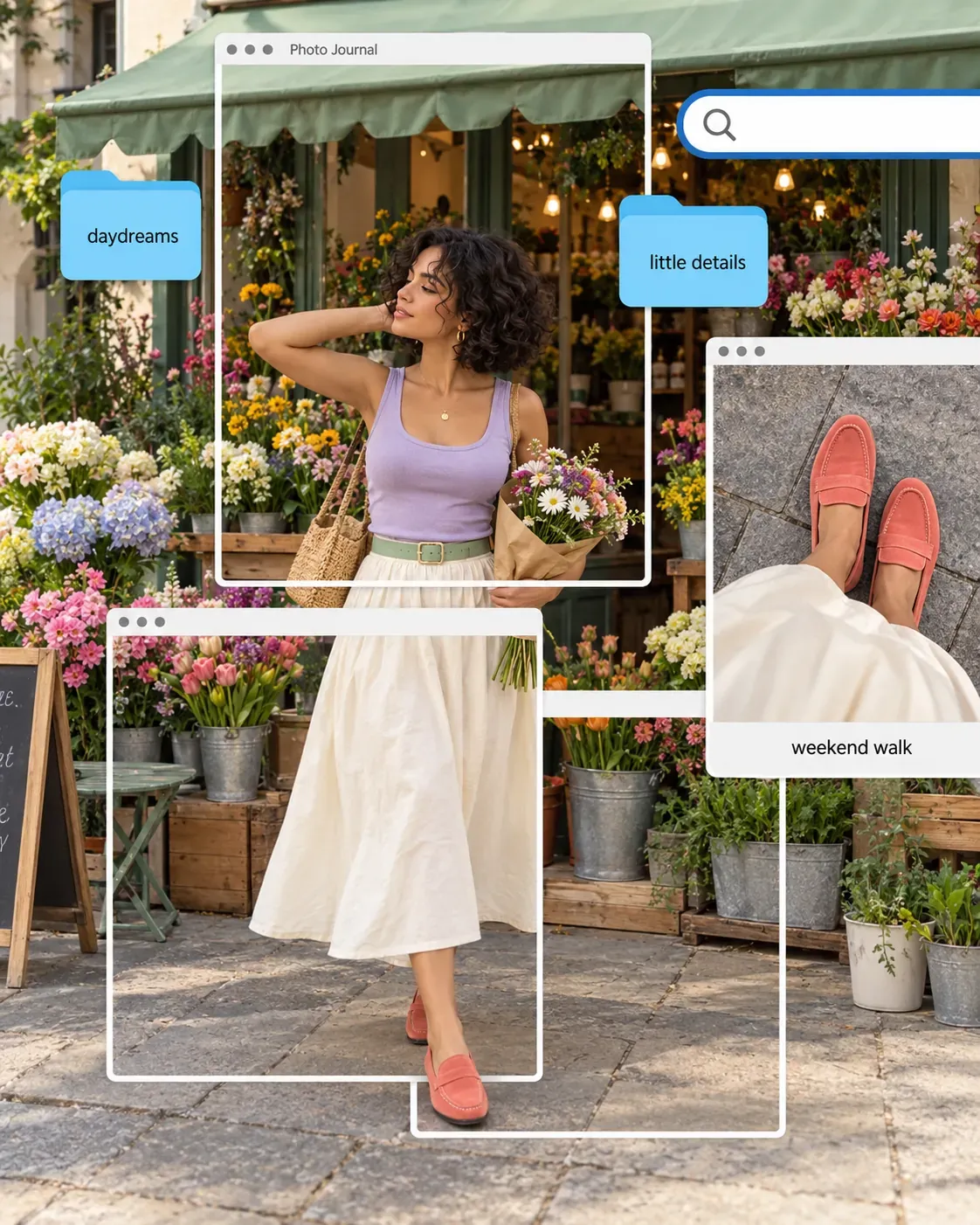 Mujer con atuendo primaveral en una tienda de flores, collage | Prompts para la generación de imágenes por IA