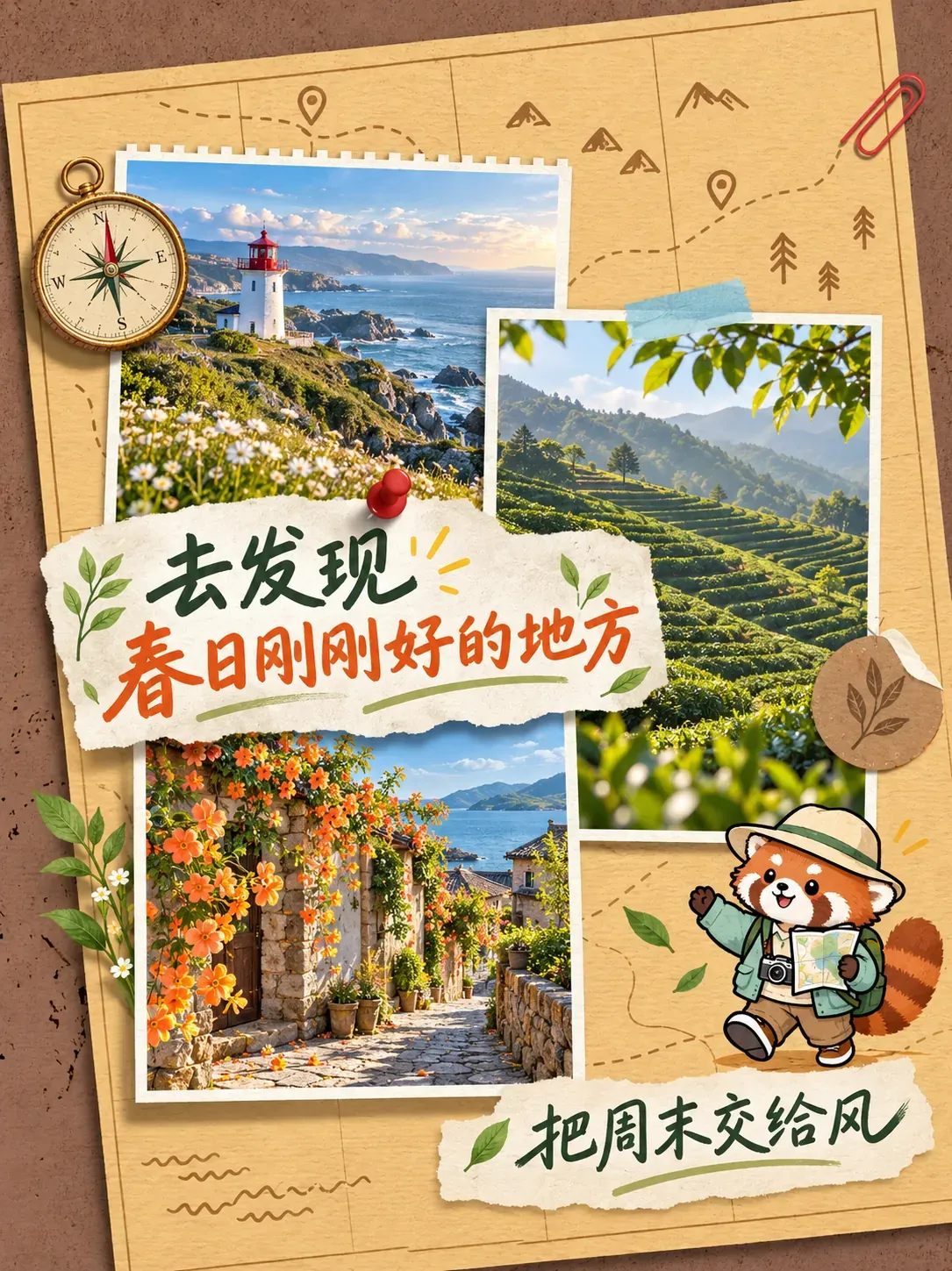 Collage de viajes primaverales con fotos panorámicas y un panda rojo | Prompts para la generación de imágenes por IA