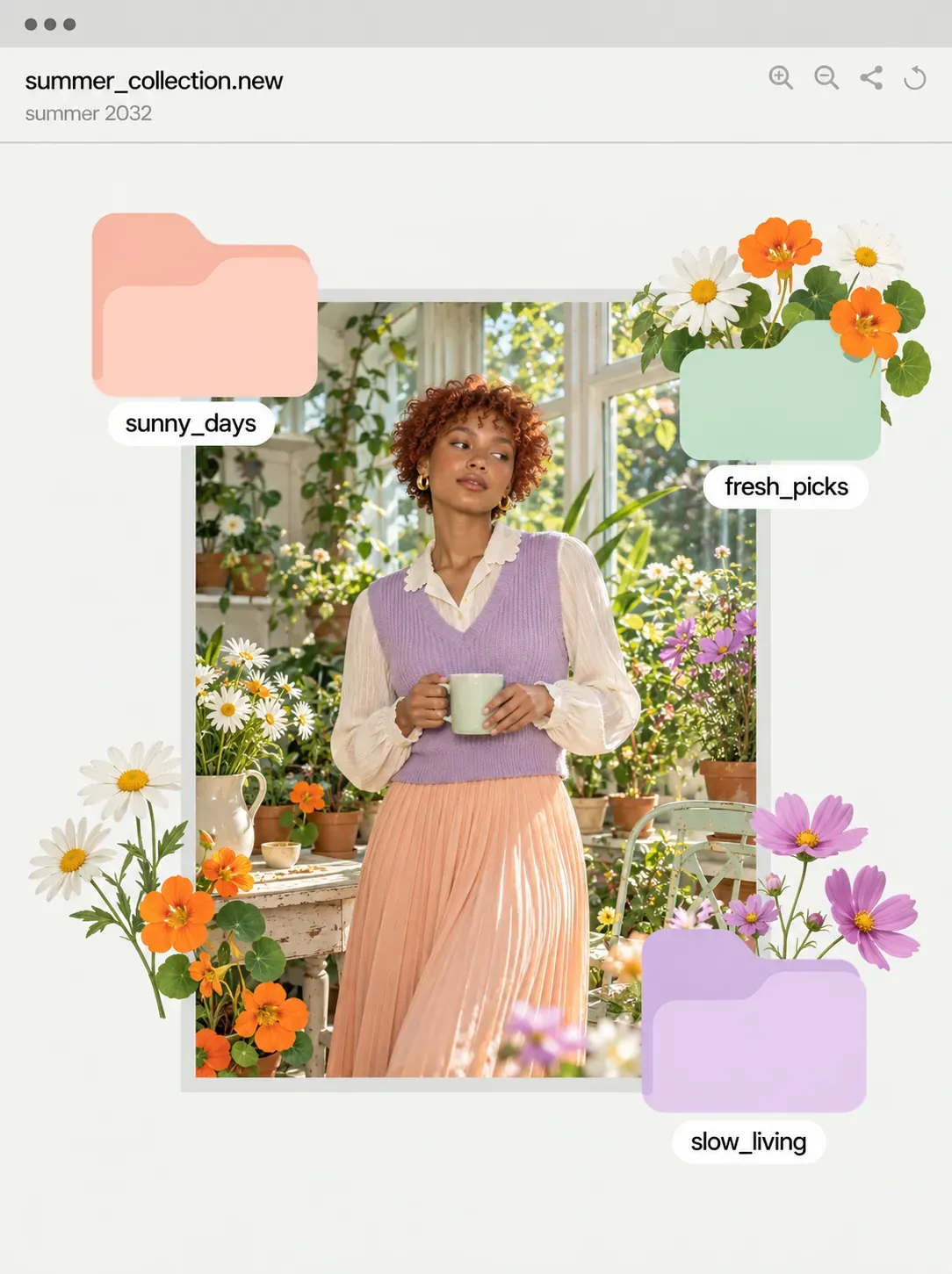 Mujer sosteniendo una taza en un solárium lleno de flores｜Prompts para la generación de imágenes por IA