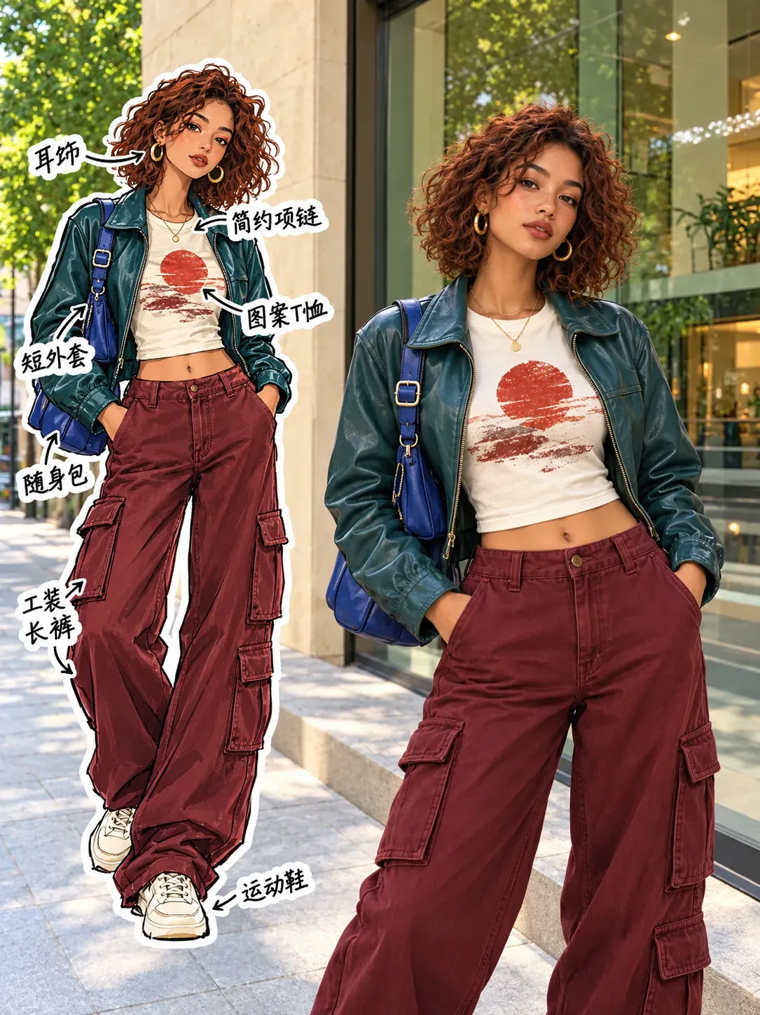 Mujer con chaqueta de cuero verde y pantalones cargo burdeos | Prompts para la generación de imágenes por IA