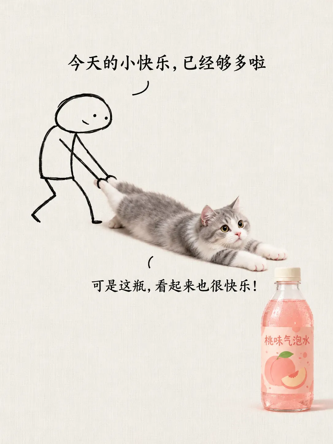 火柴人拉著貓尾巴喝桃子汽水｜AI圖像生成提示
