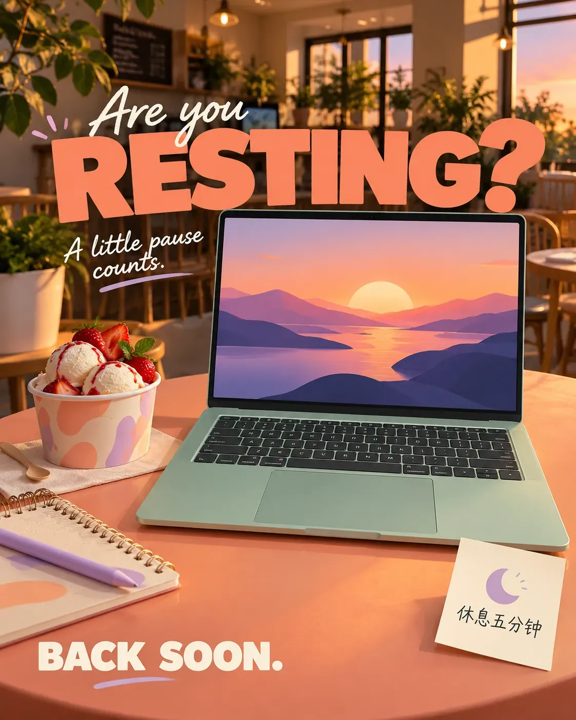 Portátil con fondo de pantalla de atardecer y helado de fresa | Prompts para generación de imágenes por IA