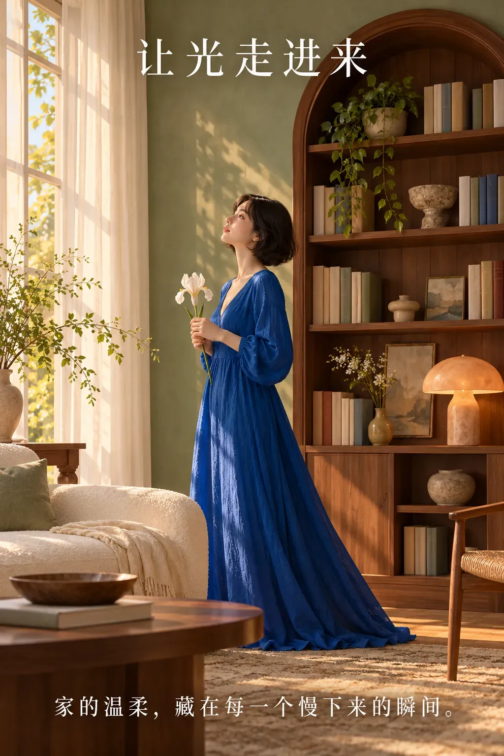 Mujer con vestido azul sosteniendo una flor en una habitación iluminada por el sol｜Prompts para la generación de imágenes por IA