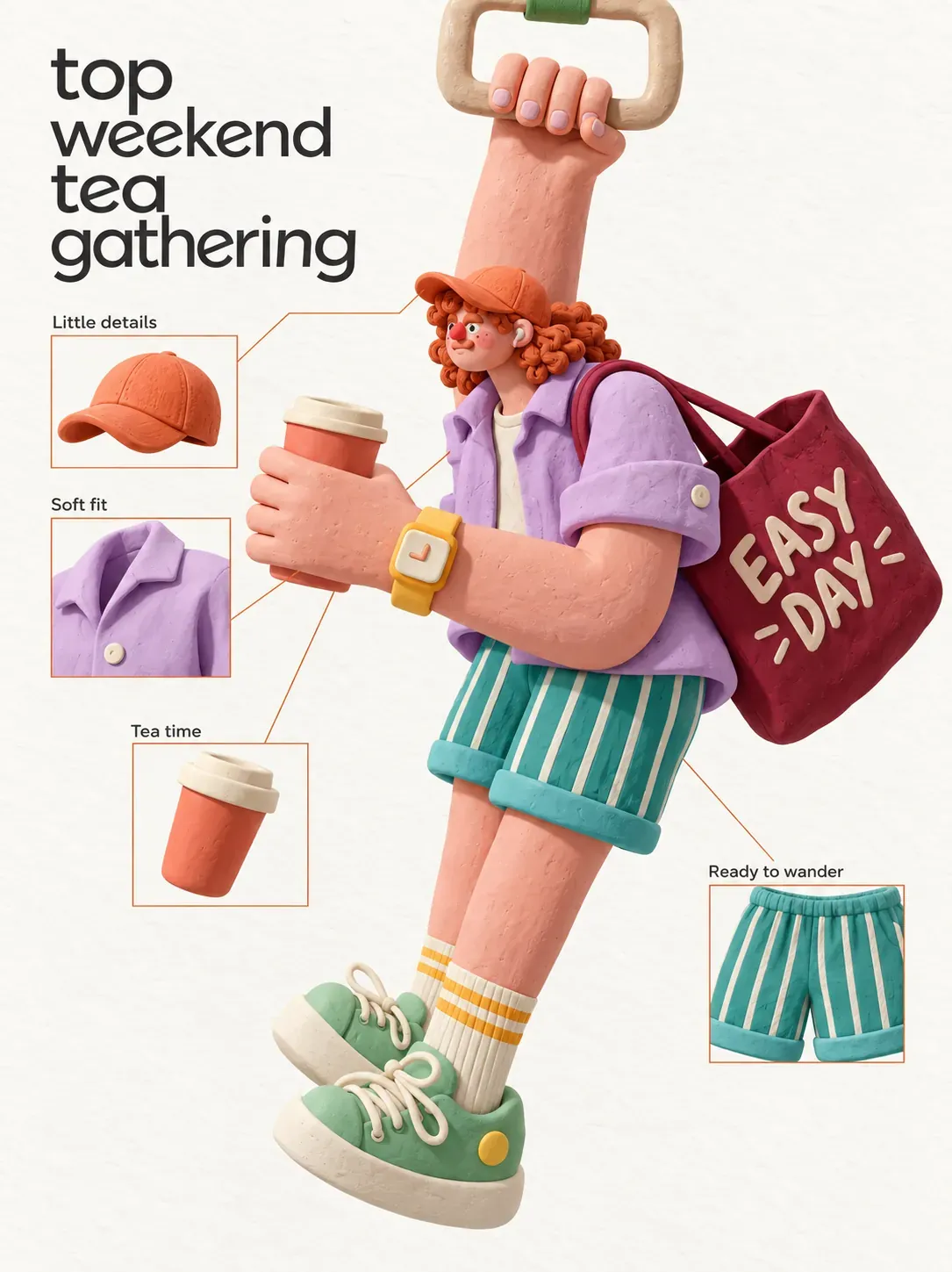 Reunión de té de fin de semana: diseño de personajes en arcilla 3D | Prompts para la generación de imágenes por IA