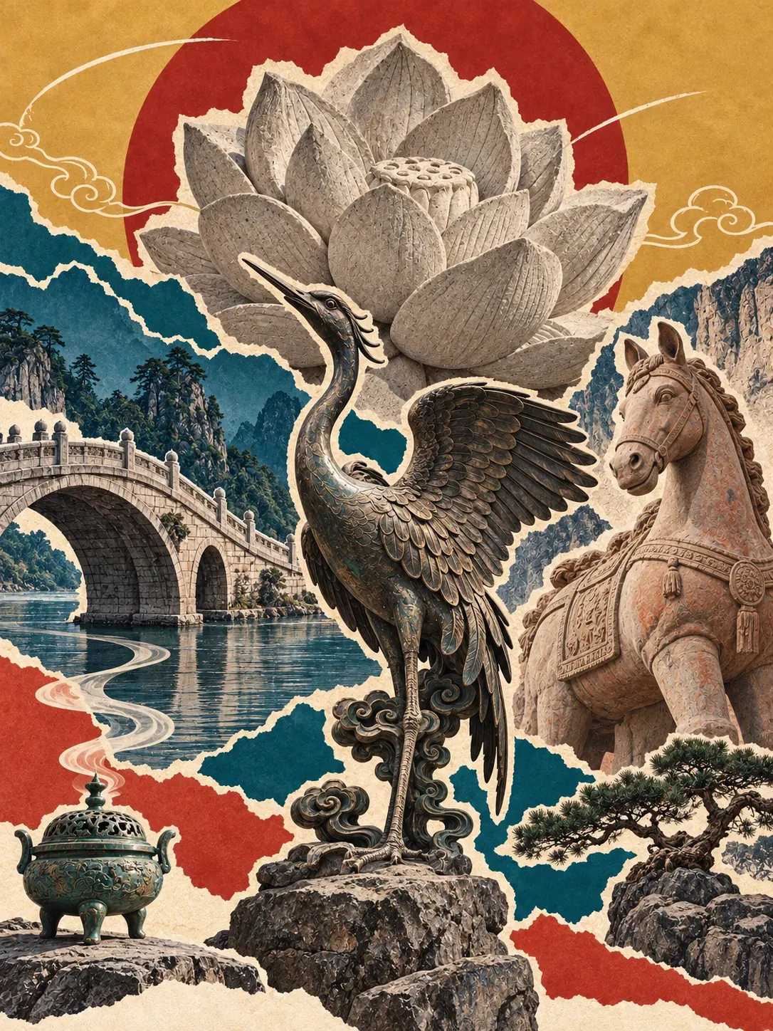 Collage de grulla de bronce china y caballo de piedra | Prompts para la generación de imágenes por IA