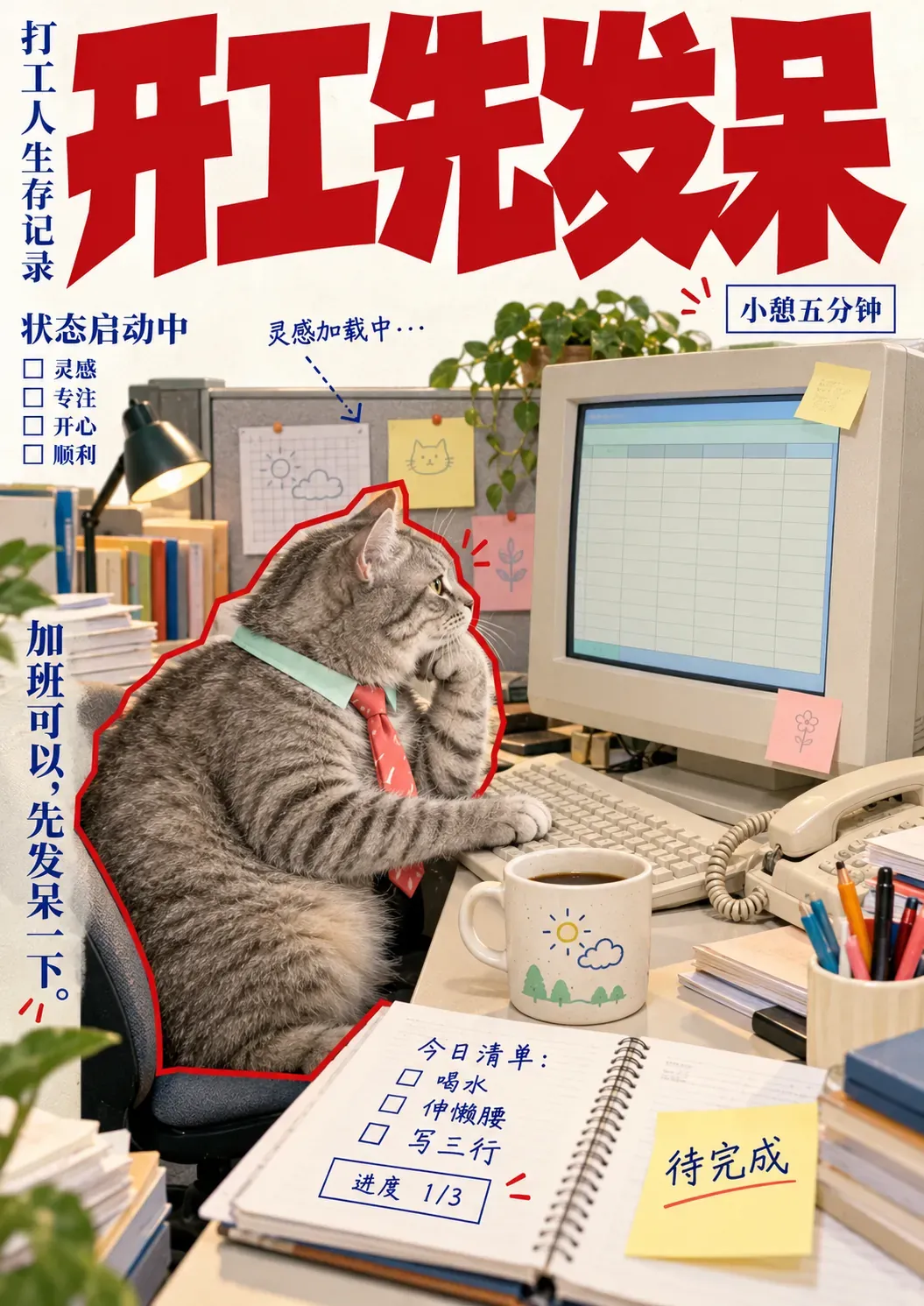 Gato con corbata trabajando en un escritorio de oficina｜Prompts para la generación de imágenes por IA