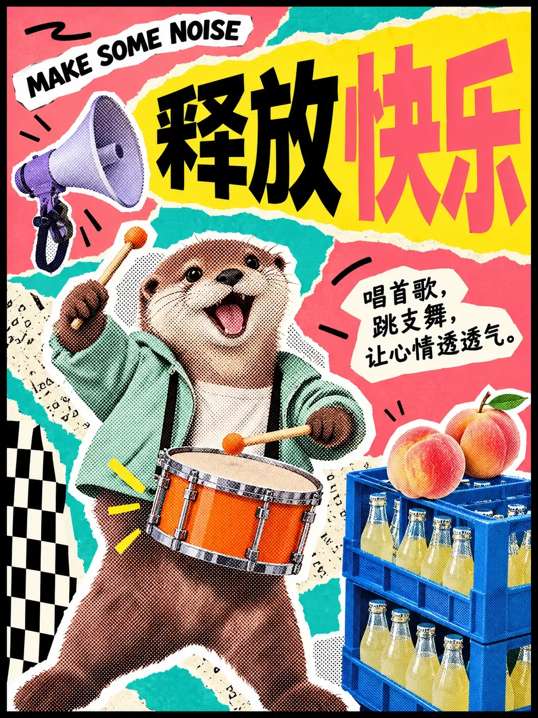 Póster de collage retro de una nutria feliz tocando un tambor | Prompts para la generación de imágenes por IA