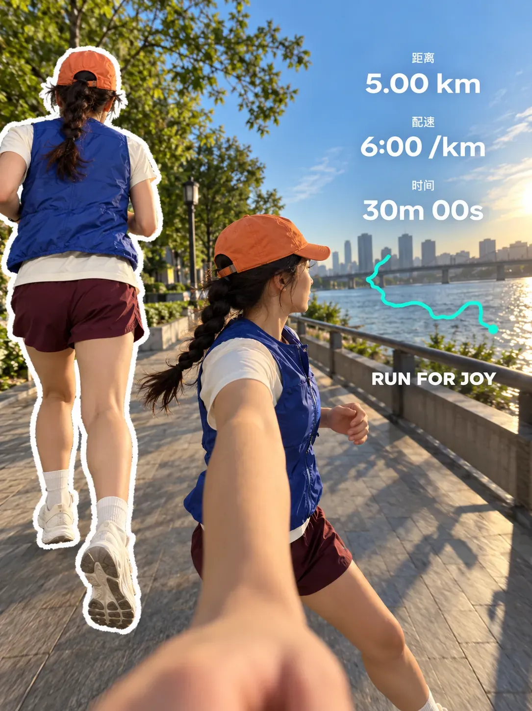Mujer trotando junto al río con superposición de estadísticas de carrera | Prompts para generación de imágenes por IA