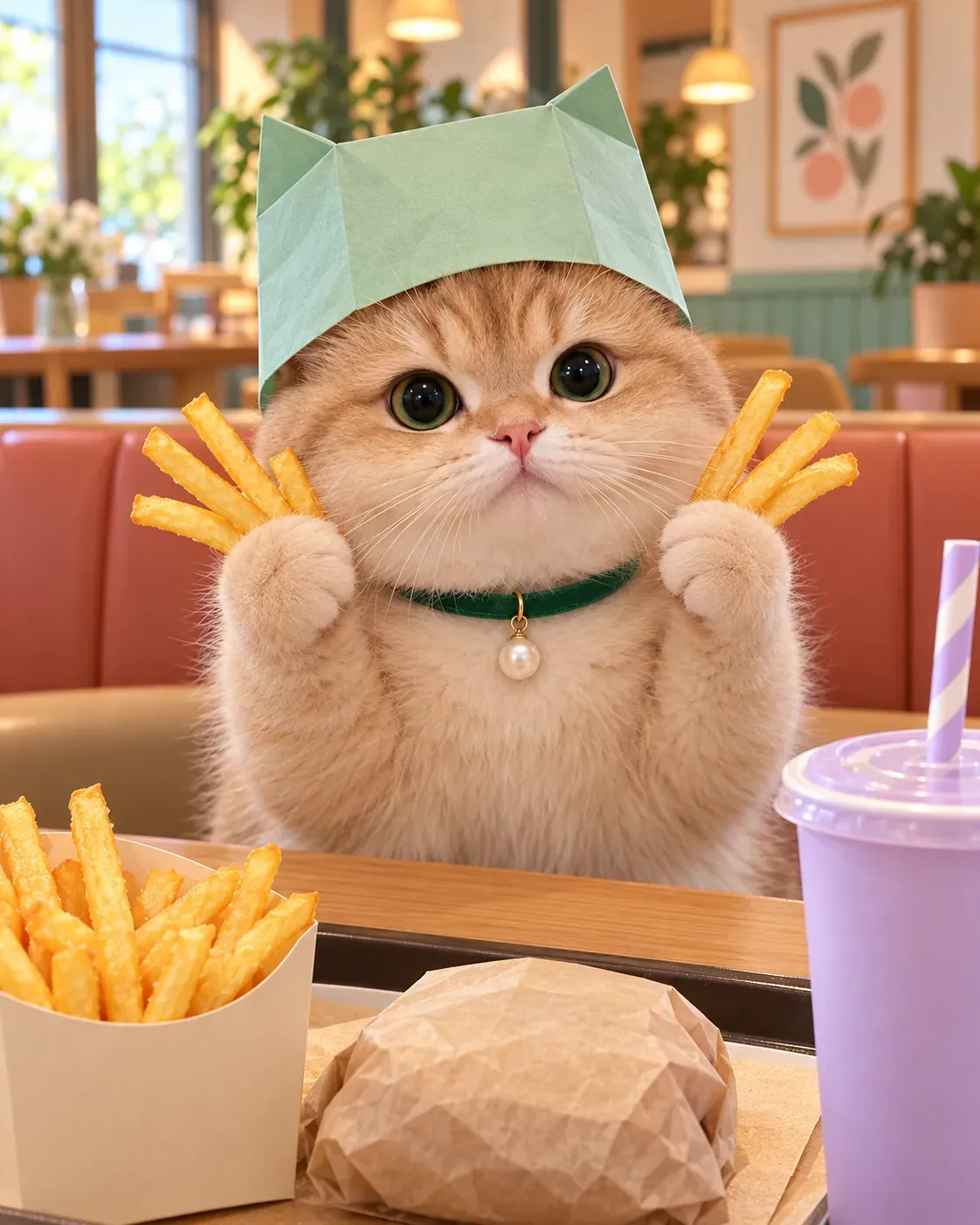 Gato lindo con sombrero verde sosteniendo papas fritas | Prompts para generación de imágenes por IA