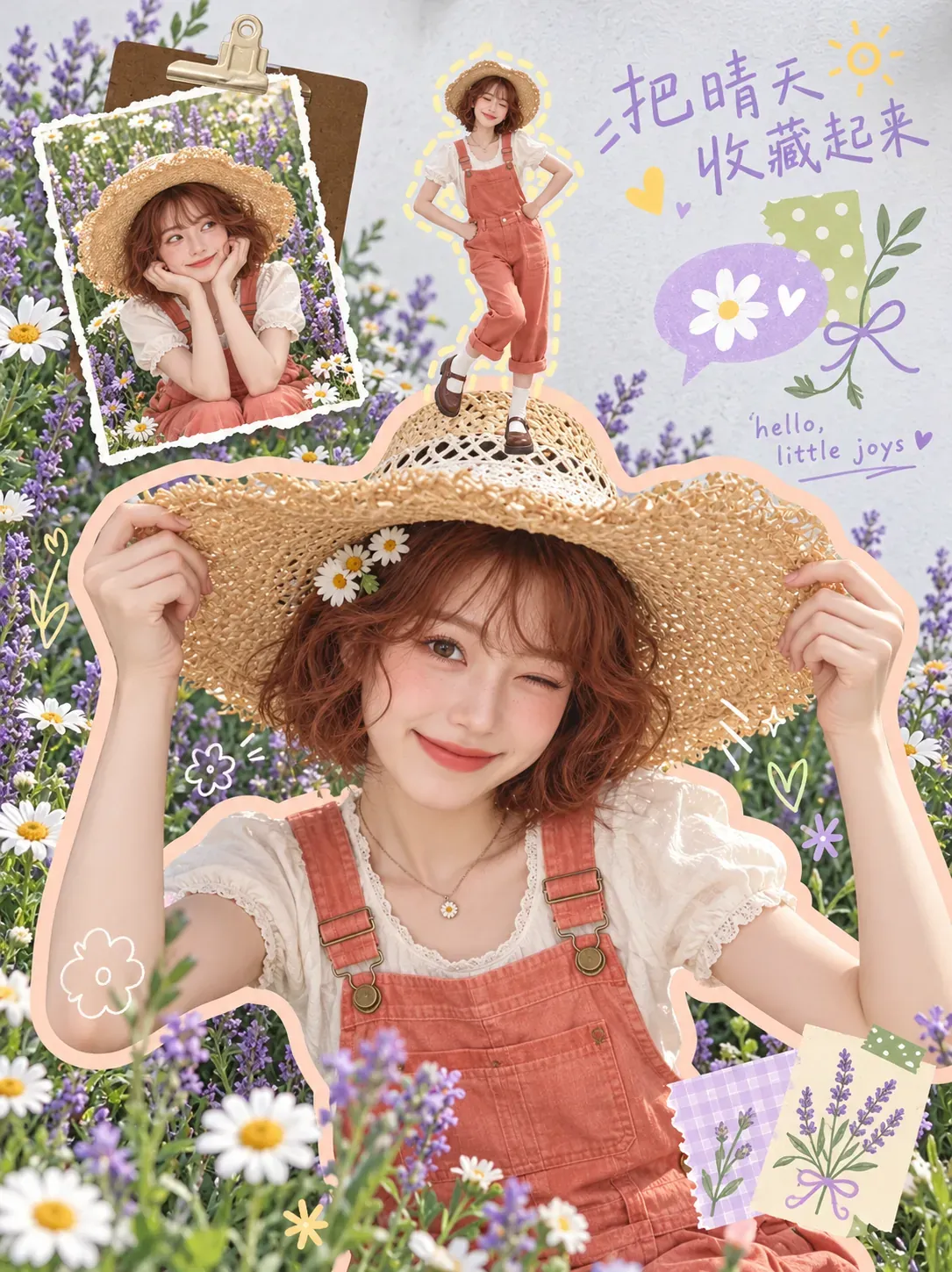 Niña con sombrero de paja y overol en un campo de lavanda | Prompts para la generación de imágenes por IA