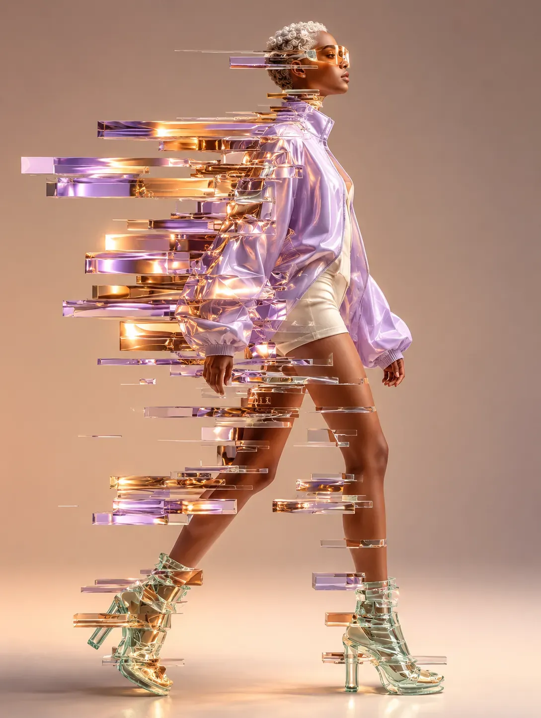 Mujer futurista con efecto de fallo y chaqueta púrpura | Prompts para generación de imágenes por IA