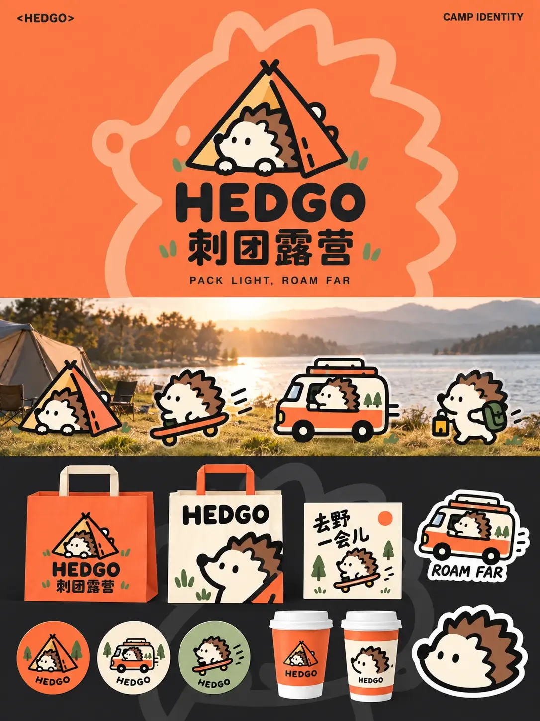 Identidad de marca de Hedgo Camping con un simpático mascota de erizo | Prompts para la generación de imágenes por IA
