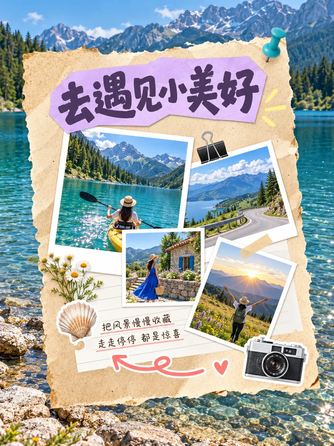 Collage de álbum de viajes con fotos de la naturaleza sobre un lago | Prompts para generación de imágenes por IA