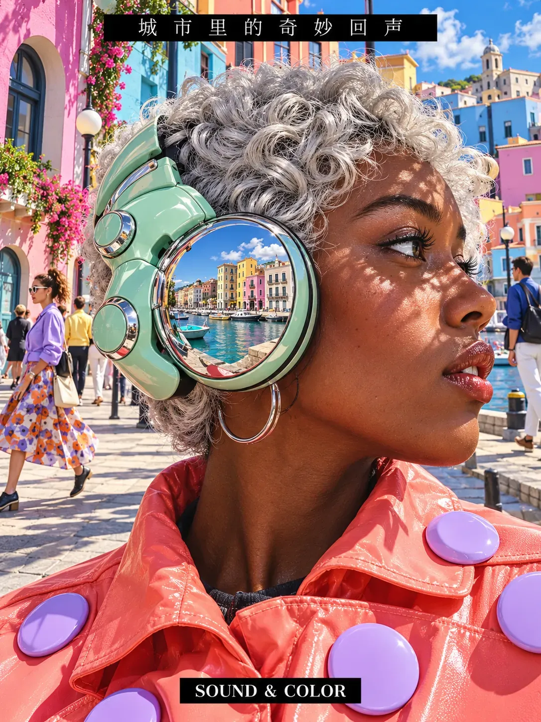 Mujer con auriculares color menta reflejando un puerto lleno de colores.｜Prompts para la generación de imágenes por IA