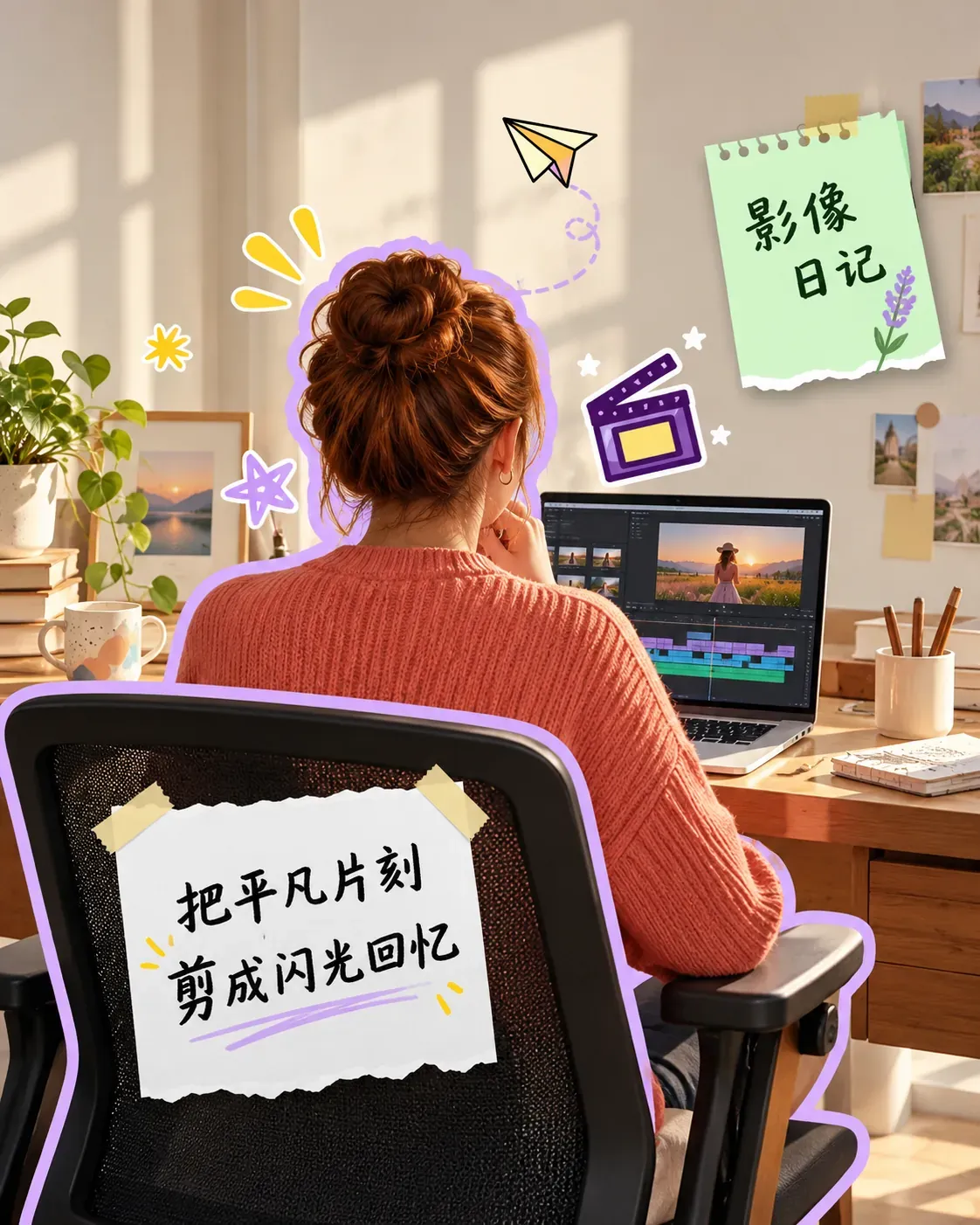 女性在桌前用筆電編輯影片日記｜AI圖像生成提示
