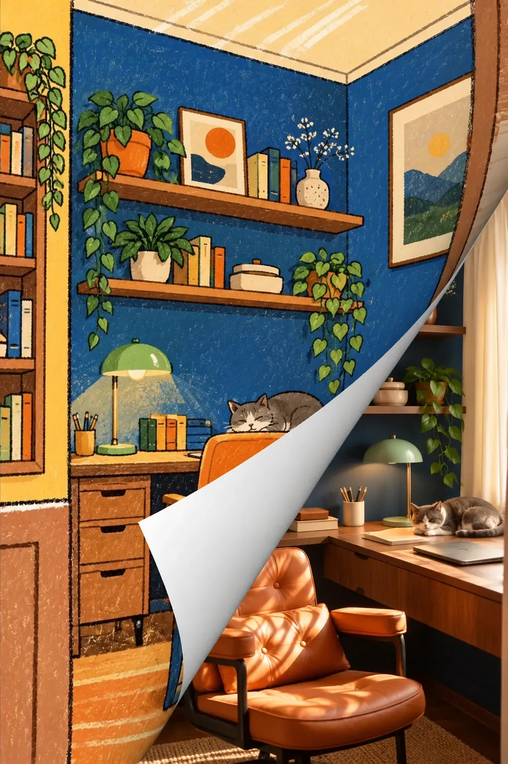 Ilustración de una acogedora habitación azul con la pintura descascarada para mostrar una escena realista | Prompts para la generación de imágenes por IA