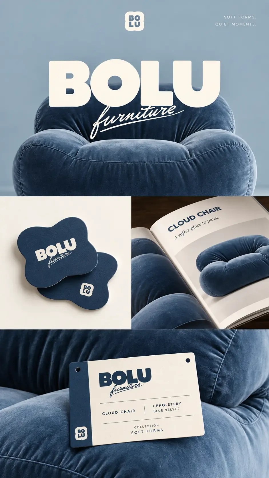 Silla nube de mobiliario Bolu, diseño en terciopelo azul | Prompts para generación de imágenes por IA