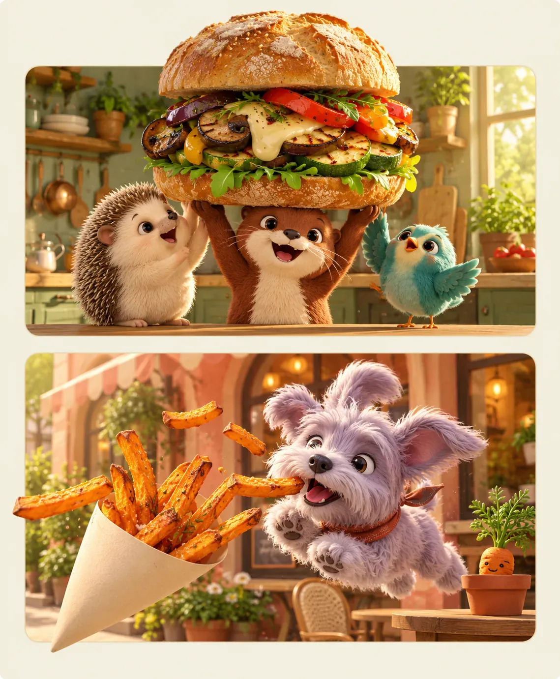 Animales tiernos disfrutando de una hamburguesa gigante y papas fritas de batata｜Prompts para la generación de imágenes por IA